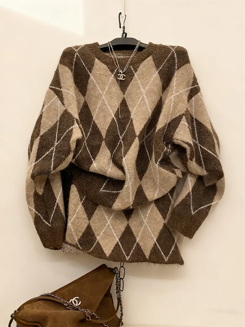 

Цветной вязаный свитер Blo Diamond, женский осенне-зимний новый винтажный свободный свитер с юбкой, комплект из двух предметов