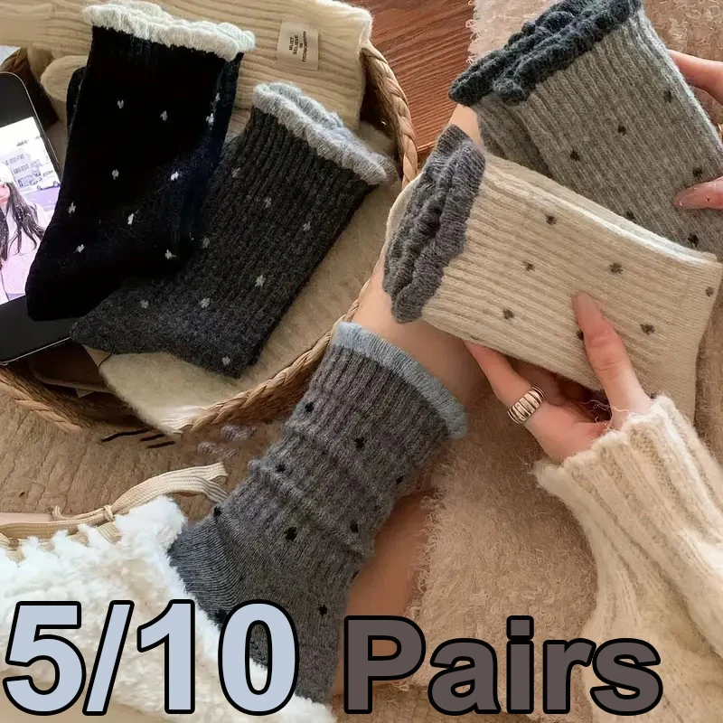 5/10 Pairs Women Spring Summer Polka Dot Printed Mid Tube Socks Fashionable Sweet Style Soft Comfortable All Season Casual Socks