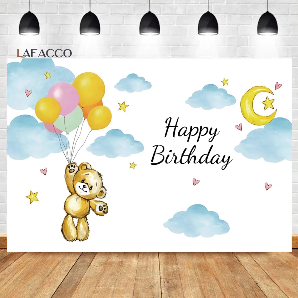 Laeacco Teddy Bear Happy Birthday Backdrop Hot Air Balloon Star Cloud Kid Baby Shower Portrait Customized Photography Background