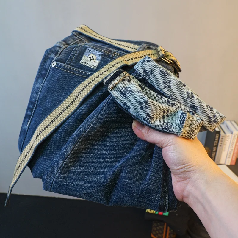 Trendy Printed Jeans Men's All-Matching Fashion Casual High-End Pu Handsome Stretch Slim-Fit Thick Skinny Pants Men