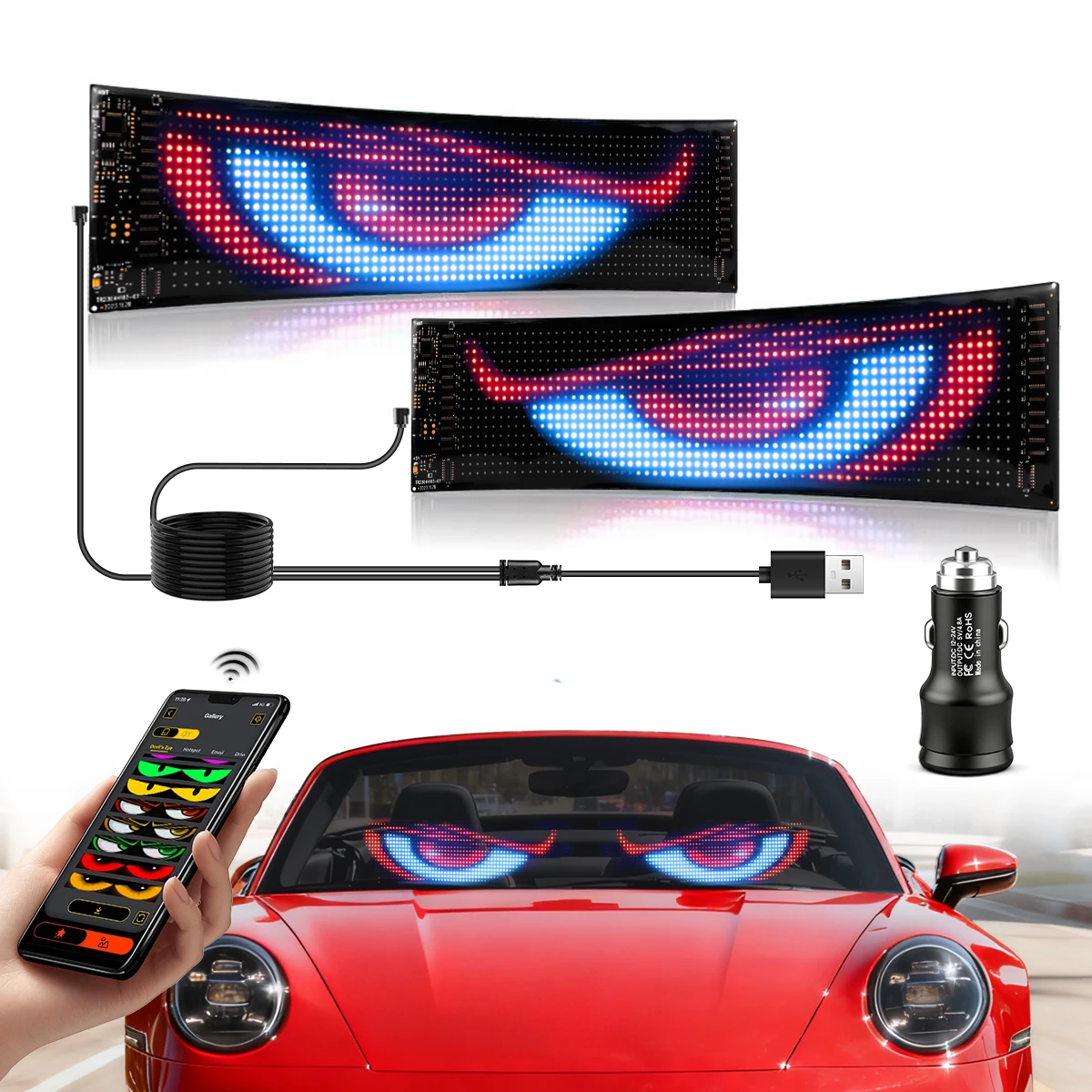 5V Bluetooth Intelligence APP Control Car Custom Devil's Eye USB Programmable Pattern Lighting Display for Shop Truck Windshield