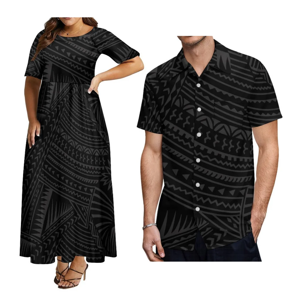 Conjunto de casal com padrão retrô da ilha de arte do pacífico, festa do festival samoano, vestido feminino com gola redonda e camisa masculina, roupas plus size