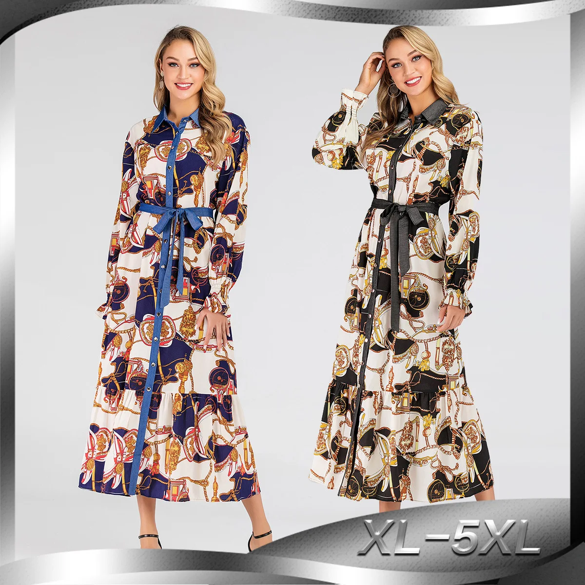 

Fashion Cardigan Lapel Fashion Print Full Button Large Dress 2227 Long Dress Robe Abaya Ramadan Dubai Luxury Islam Elegant