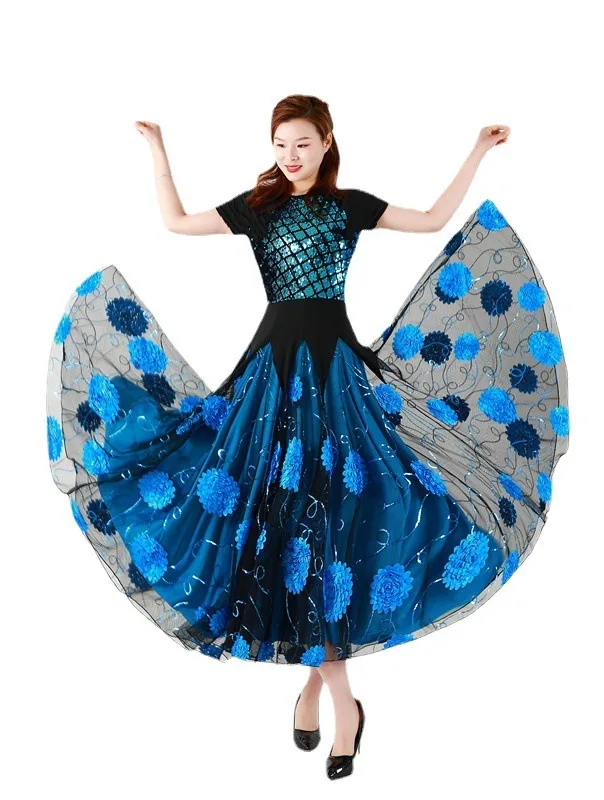 

Short Sleeved Modern Dance Dress Embroidered Sequins Ballroom Dance Performance Costume For Woman Adult