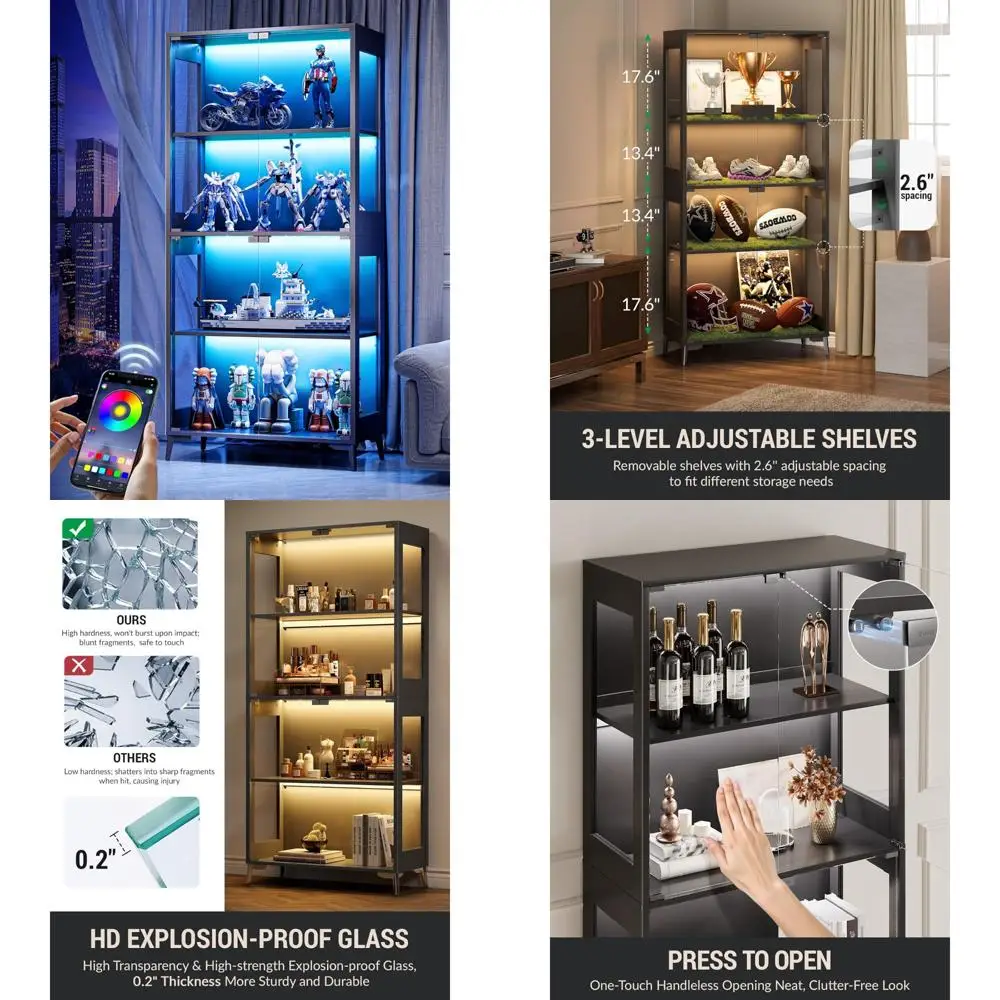 

4-х уровневый стеклянный шкаф с подсветкой, регулируемыми полками, светодиодной подсветкой RGB и пультом дистанционного управления для витрины Curio