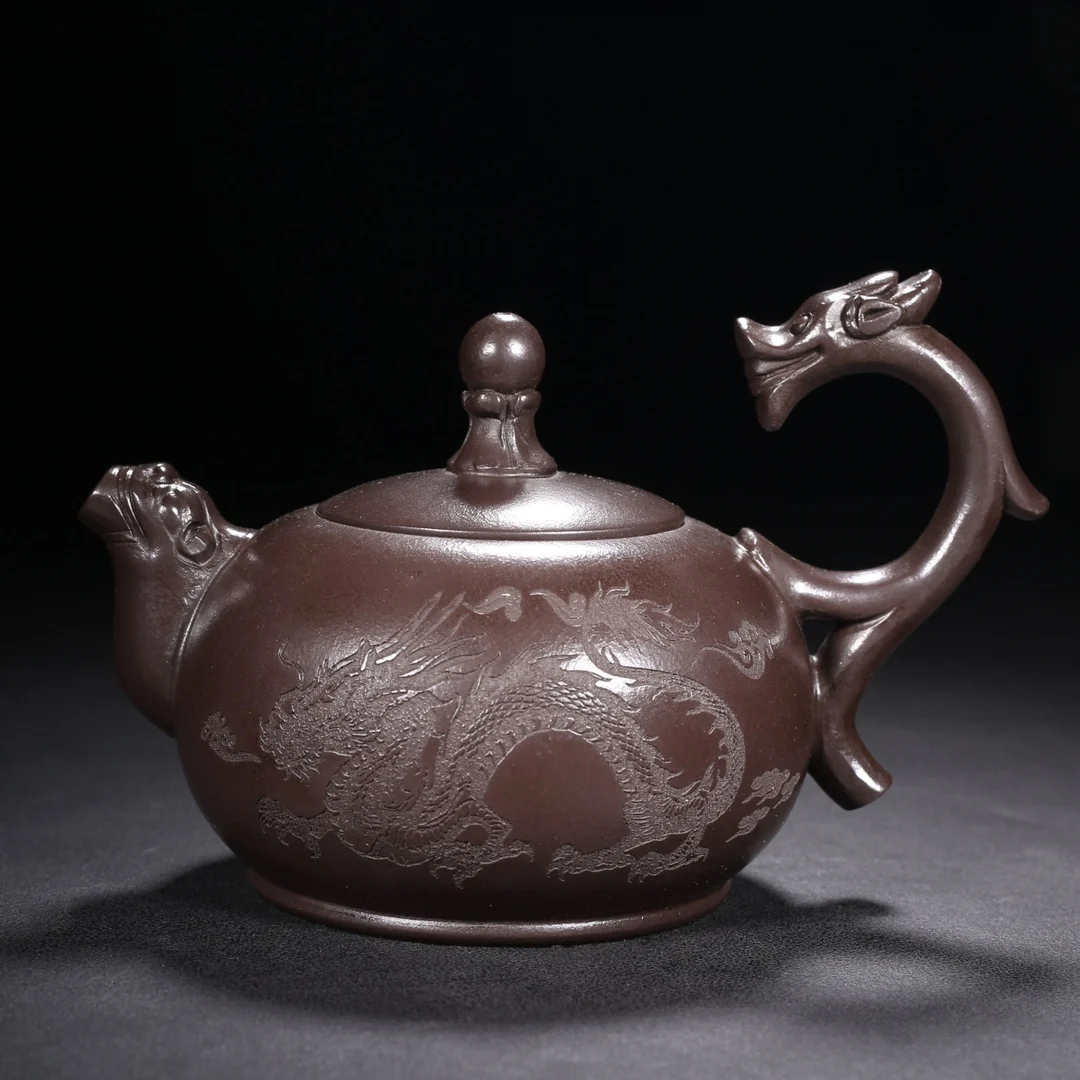 Old Chinese Handcraft Enameled  YiXing Zi Sha Clay  (red stoneware) Teapot,Dragon&bird