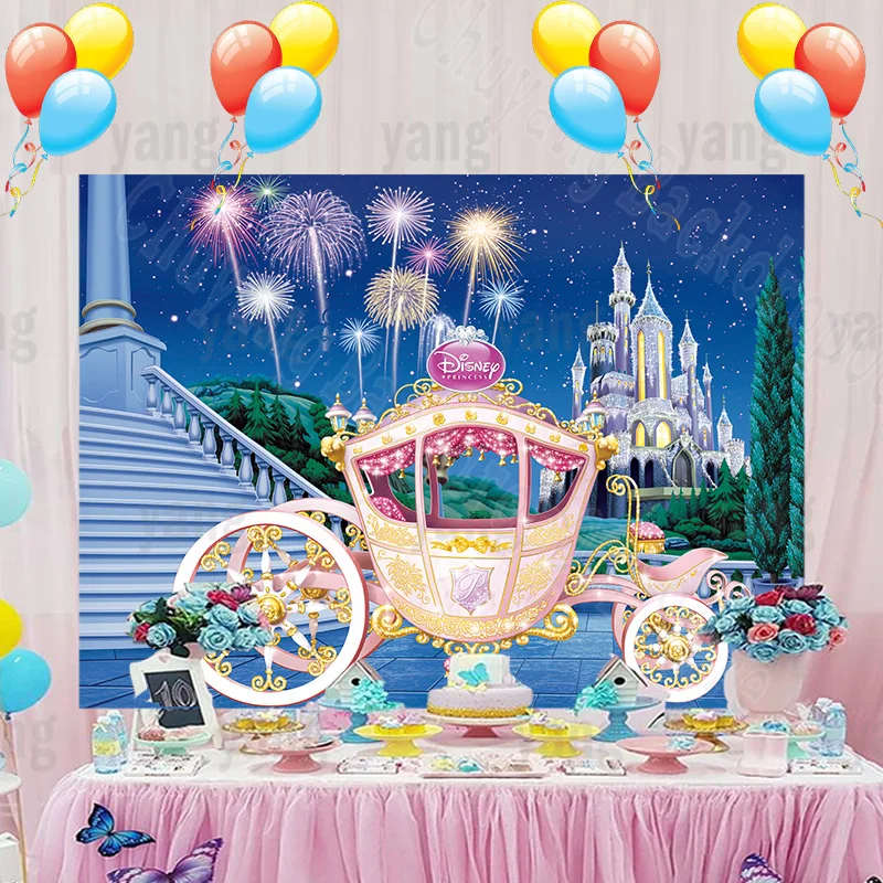 Disney Lovely Princess Cinderella Dreamy Carriage Castle Cartoon Vinyl Backdrop Girls Birthday Party Background Photography