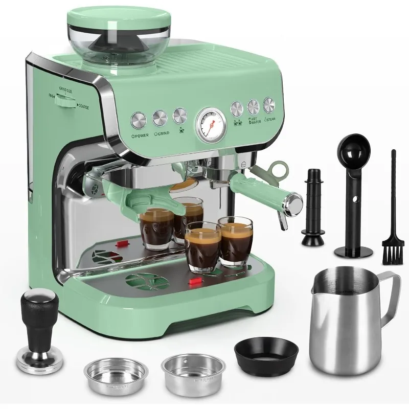 Máquina de café expreso con molinillo, máquina de café expreso de 15 bar con varita de vapor para leche y capuchino, máquina de café expreso casera verde