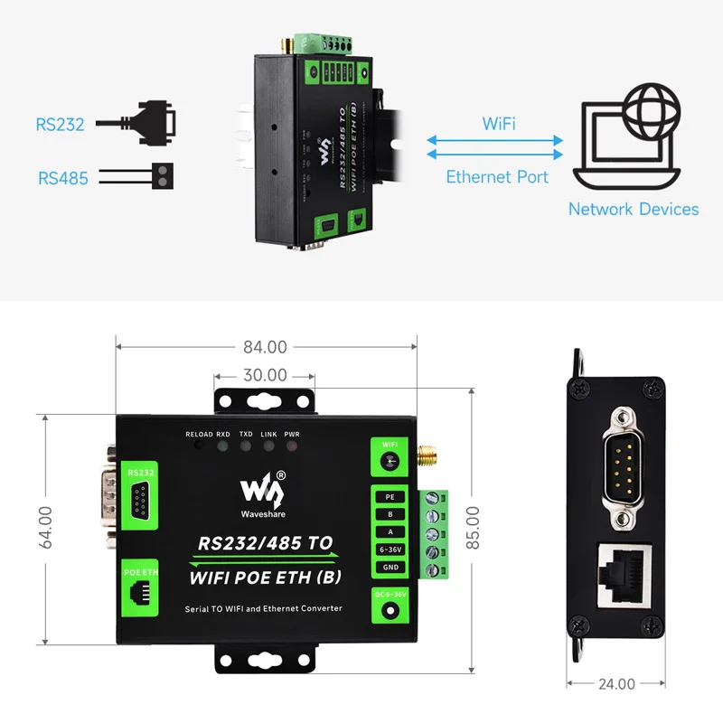 RS232/485 To WiFi & Ethernet RJ45 Industrial Grade Serial Server Modbus Gateway MQTT Gateway Metal Case Optional PoE