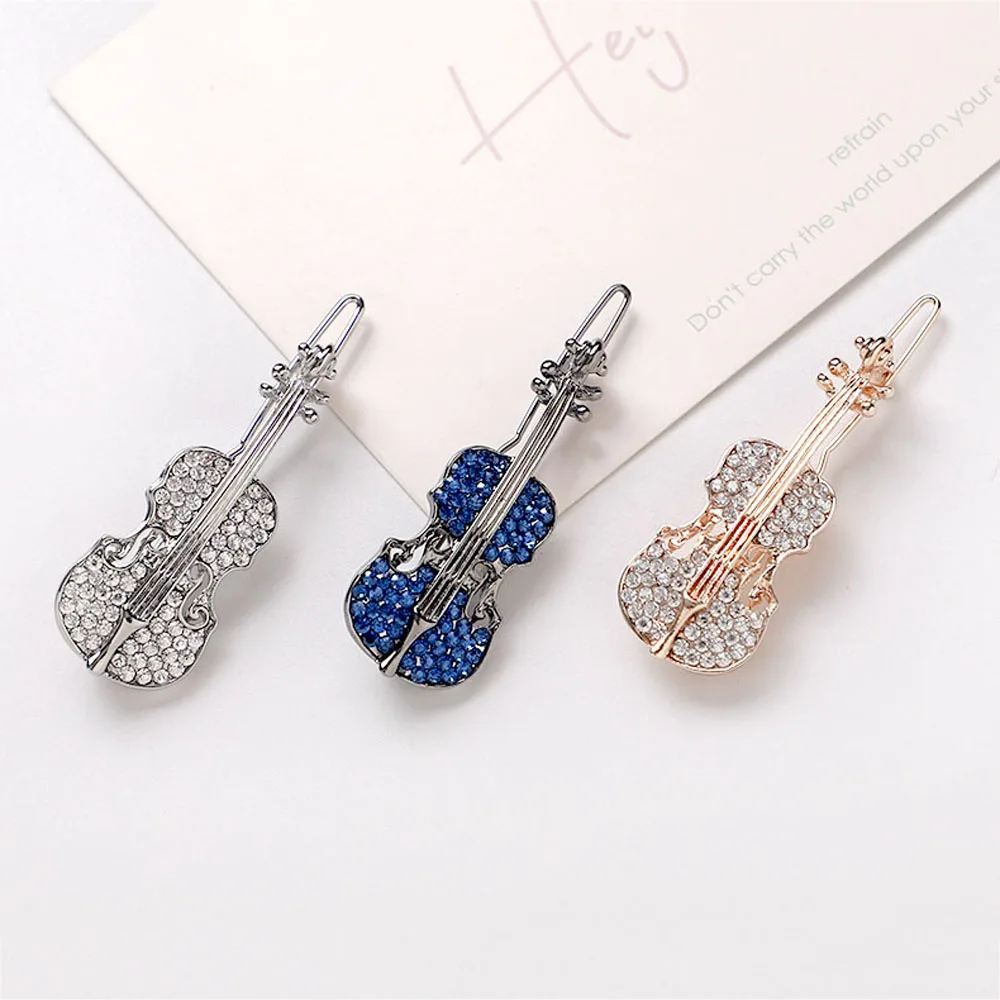 Women Fashion Sweet Crystal Rhinestone Girls Bangs Clip Hair Accessories Violin Hair Clip Hairpin Barrette