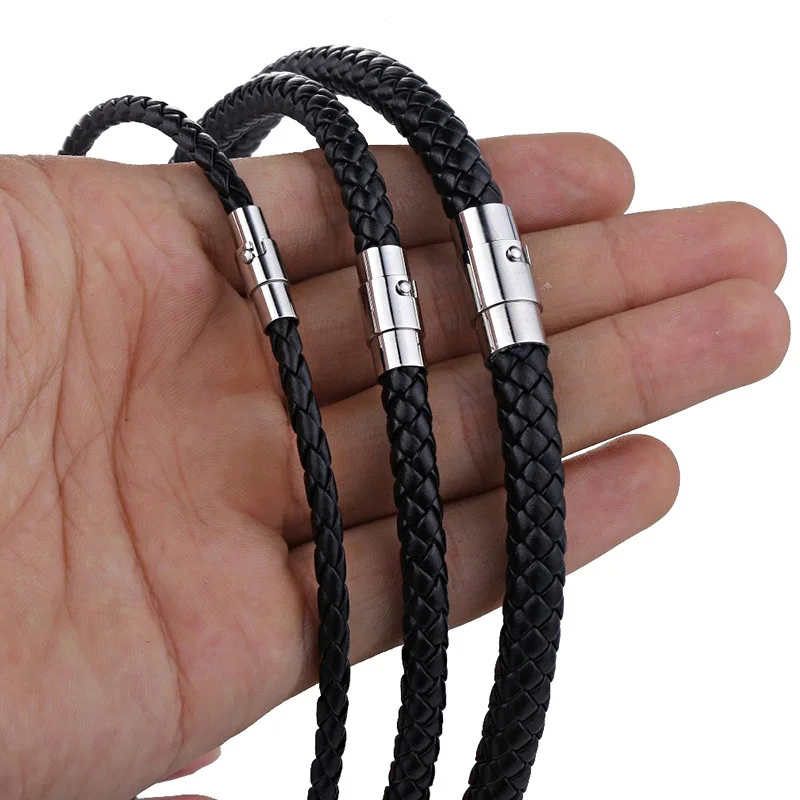 Punk Men\'s Leather Braided Rope Chain Necklace Men Women Stainless Steel Magnetic Clasp Choker Chain Collar Male Jewelry Gift