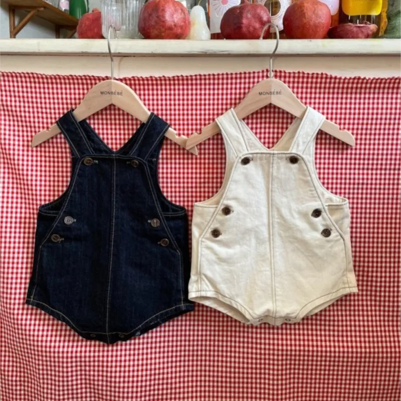 Korean 2024 Summer Fashion Baby Girl Clothes Denim Solid Suspender Trousers Striped Cotton T-shirt Infant Girl Overalls Outfits