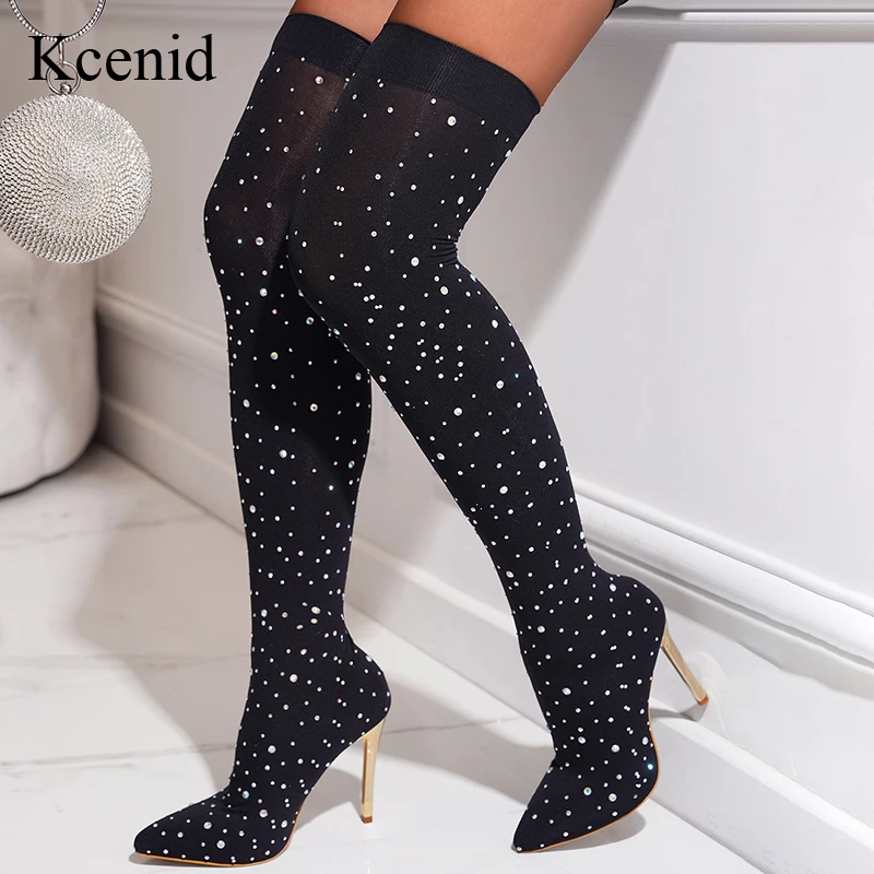 

Kcenid 2023 Fashion Runway Crystal Boots Sexy Pointed Toe Over The Knee Thigh High Boots Heels Stretch Sock Shoes Woman