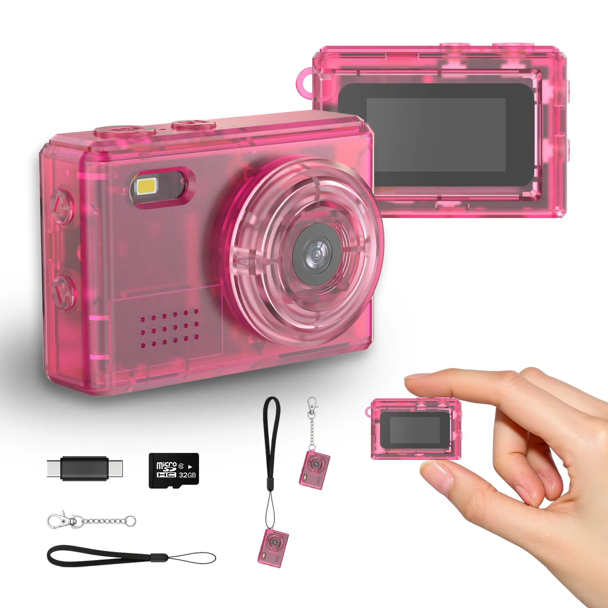 Y2K Mini Pink Keychain Camera, 1080P HD & 2MP Video Camera with 32GB Card, 5 Filters & Flash, 0.96" Display, OTG Adapter for Android, Wearable Mini Pendant for Travel Vlog Night Shots, Ideal Gift