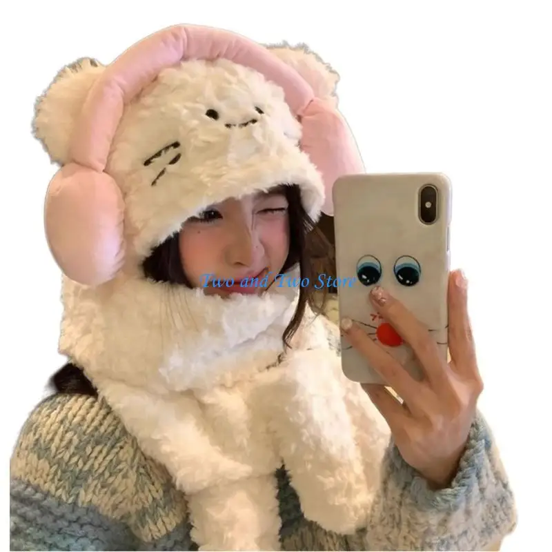 

HX6F Cartoon Cats Ear Hat Warm Ear Flap Hat Plush Scarf Gloves Caps for Cold Weather