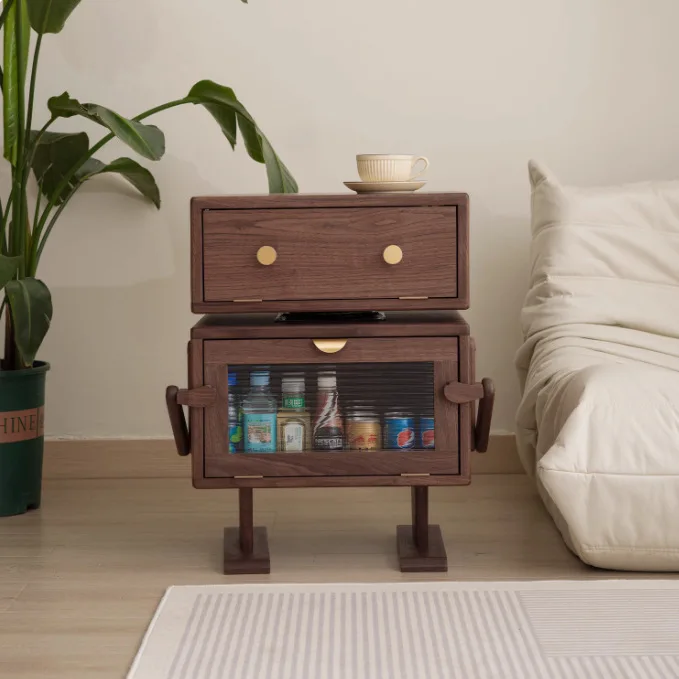 Black Walnut Solid Wood Bedside Table Robot Style Storage Cabinet Sofa Side Creative Kids Chest