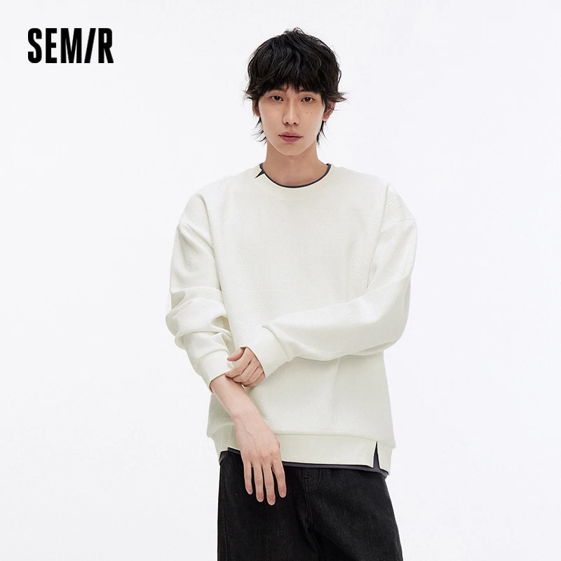 Semir Hoodie Men Color Block Fake Two Piece 2025 Autumn New Textured Letter Jacquard Casual Top