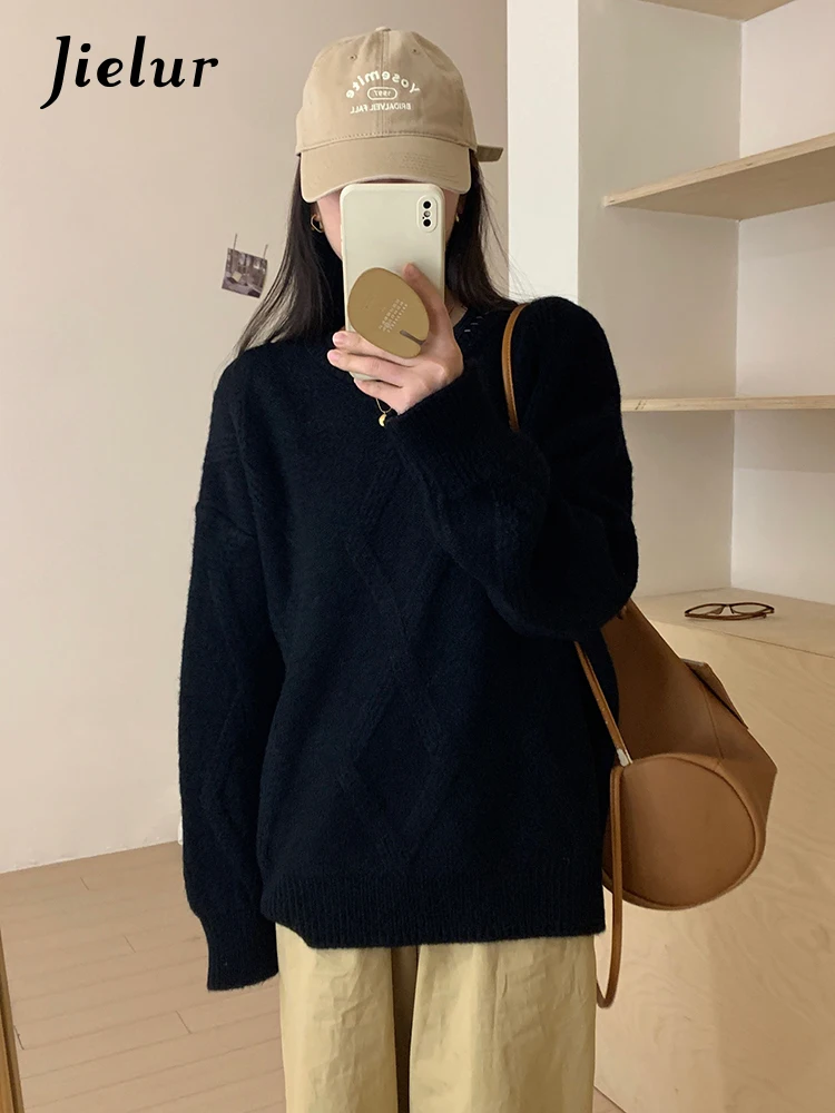 

Autumn Black New Classic O-Neck Fashion Sweater Female Pullovers Korean Office Ladies Solid Color Loose Simple Women Pullovers