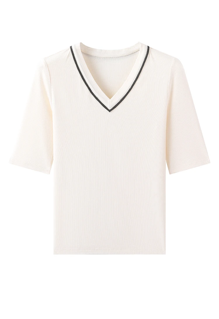 KL7523408 Designer-Stil Damen V-Ausschnitt Strickware Weiche Wollmischung Oberteil Slim Fit Geripptes Kurzarm-T-Shirt – Detail 14