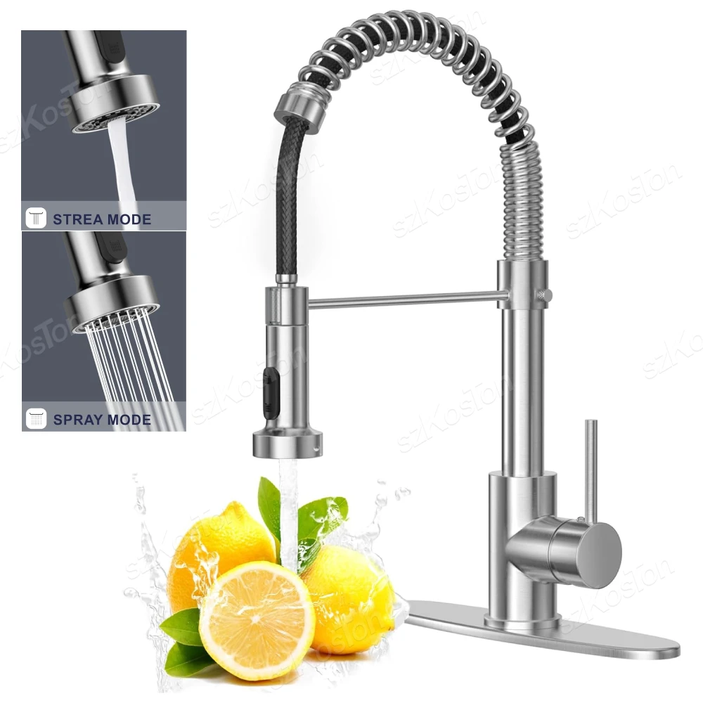 

304 Stainless Steel Kitchen Faucet with Pull Down Spring Spout Mixers Tap Hot Cold Water Crane for Home Kitchens Accessories
