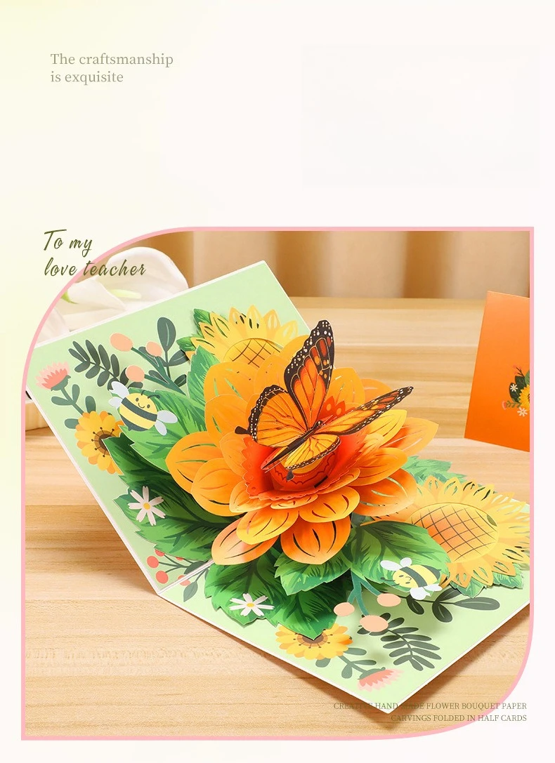 1 Stück 3D Schmetterling Pop-Up Grußkarte mit Gänseblümchen-Blumenornament für Valentinstag Geburtstag Glückwünsche Beste Wünsche Einladungen – Detail 4