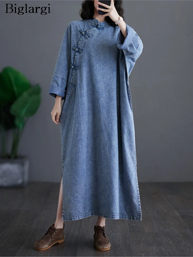 Denim Oversized Spring Ethnic Style Dress Women Split Fashion Pleated Loose Ladies Dresses Long Sleeve Woman Long Dress