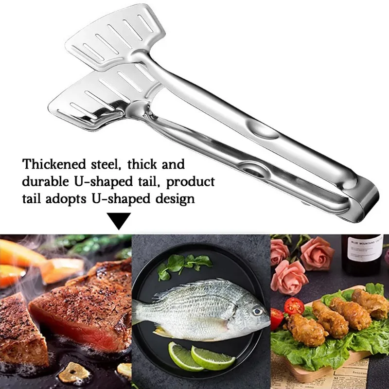 Food Clamp Spatula Tongs Stainless Steel Multi-Function Slotted Double Clip for Bread Egg Steak Grill Durable Cooking Tools