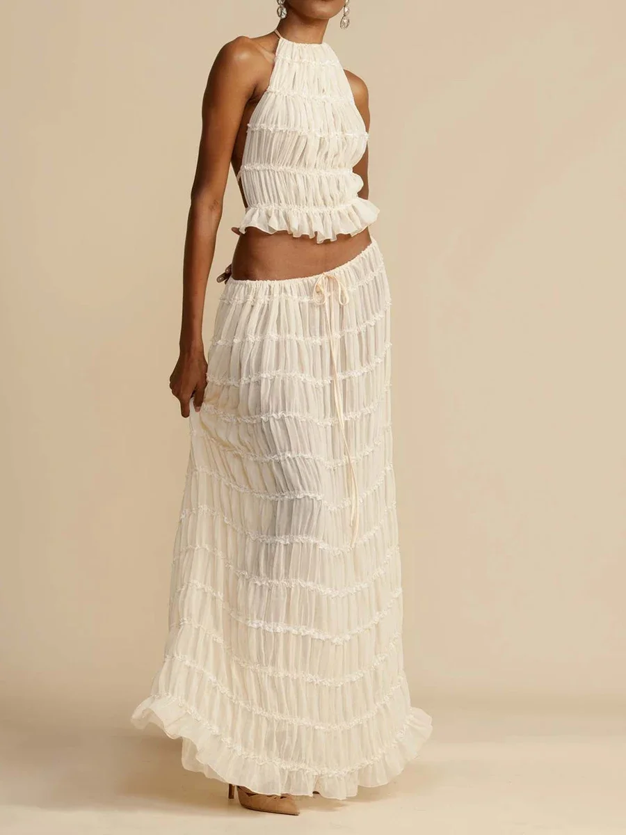 Sexy Backless Crop Top+High Waist Skirt 2 Piece Sets Summer Women See Through Ruffles Skirts Suit Beach Party Holiday Club Sets