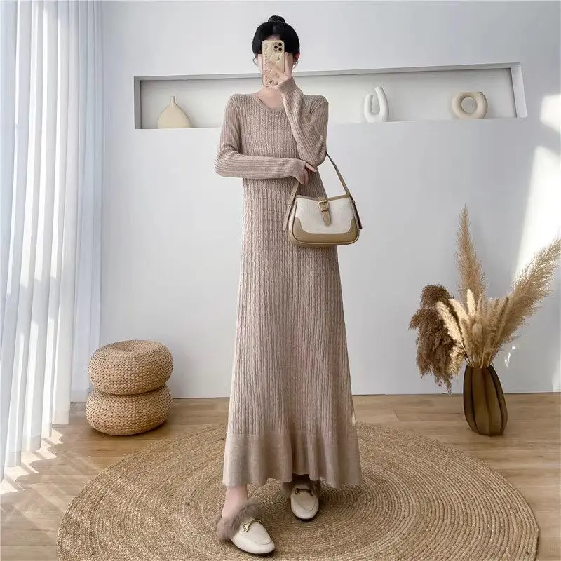 Loose Ftting V-Neck Women's Sweater Dress Autumn And Winter Oversized Long Knit Dress Korean Fashion Straight Pullover z3068