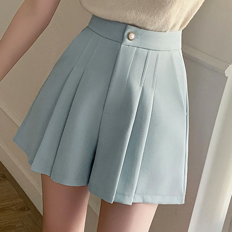 

Лето 2022, корейская версия, новые белые женские шорты, черные плиссированные шорты с высокой талией и широкими штанинами для женщин, панталоны