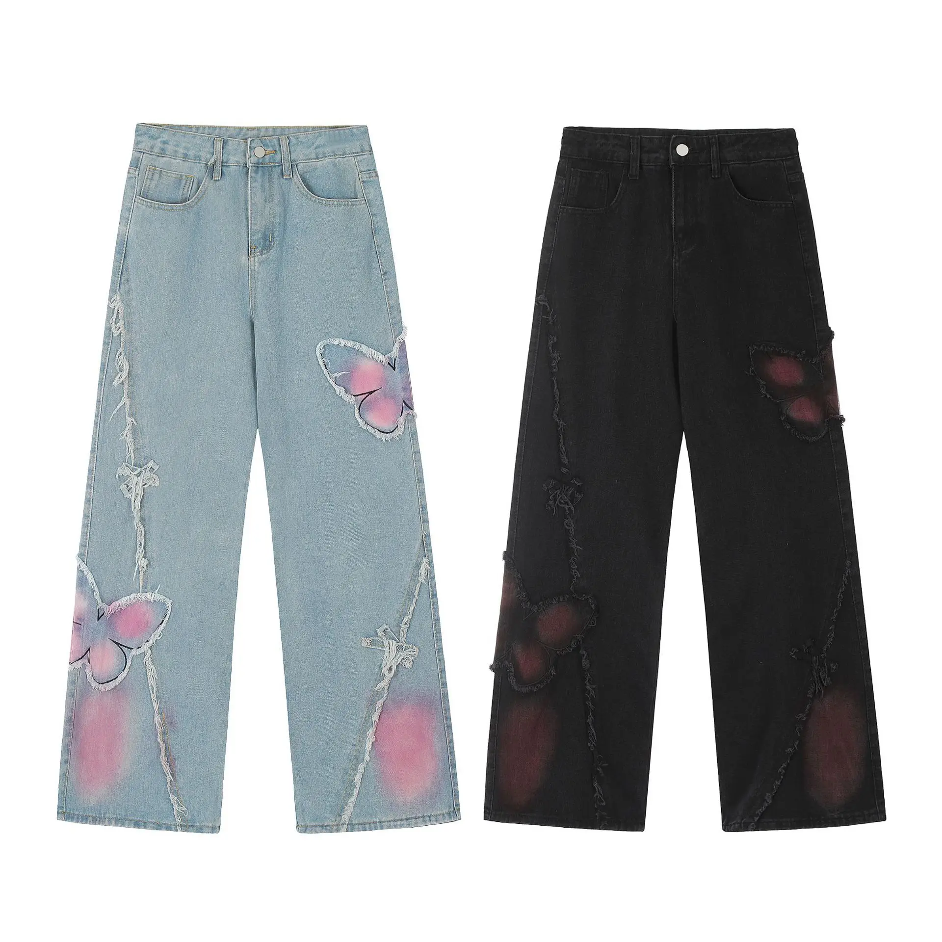 

Y2k American Sweet Girlish Style Tie-dyed Butterfly Patch High-waisted Jeans Women Loose Straight-leg Denim Trousers