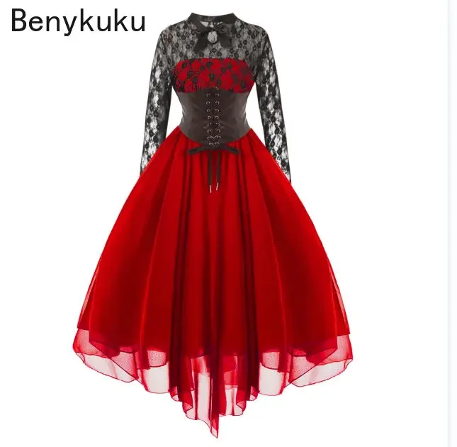 Steampunk Gothic Rock Corset Long Sleeve Dress Punk Lace Up High Waist Women Clothes Victorian Ball Bown Red Black Vintage Dress