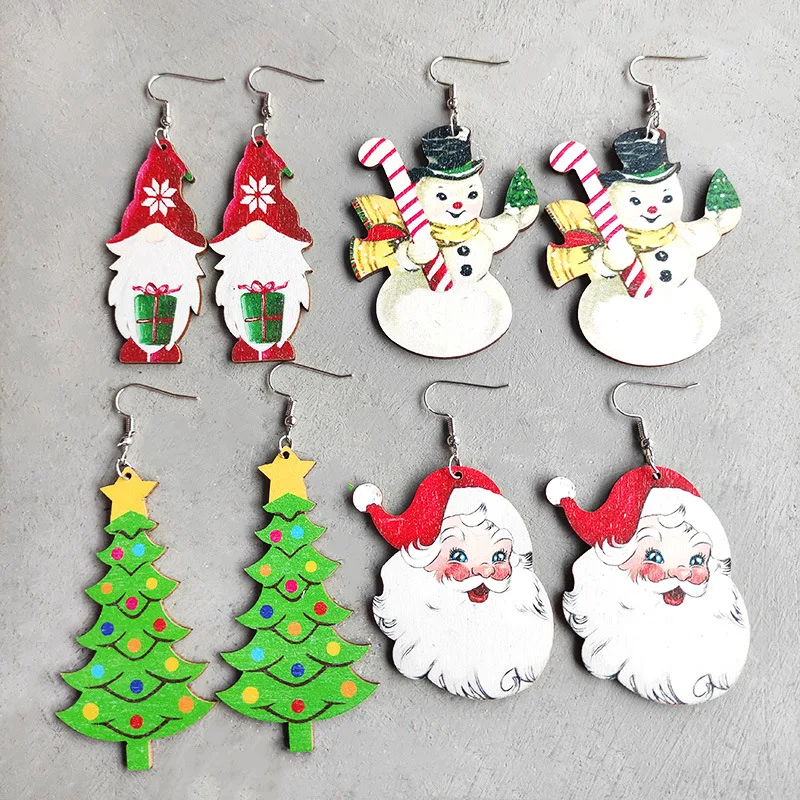 New Christmas Gnome Snowman Wooden Earrings Geometric Christmas Tree Santa Plaid Teardrop Earrings Jewelry Wholesale