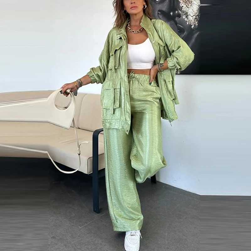 High Street Multi-pockets Cargo Long Sleeve Jackets&Pants Suit Women 2024 Solid All Match Two Piece Outfit Female Loose Outfits