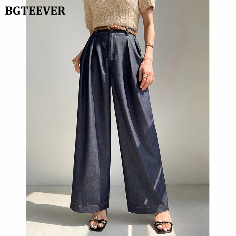 

BGTEEVER Elegant High Waist Single Button Ladies Wide Leg Trousers Spring Summer Loose Soft Jeans Pants Women