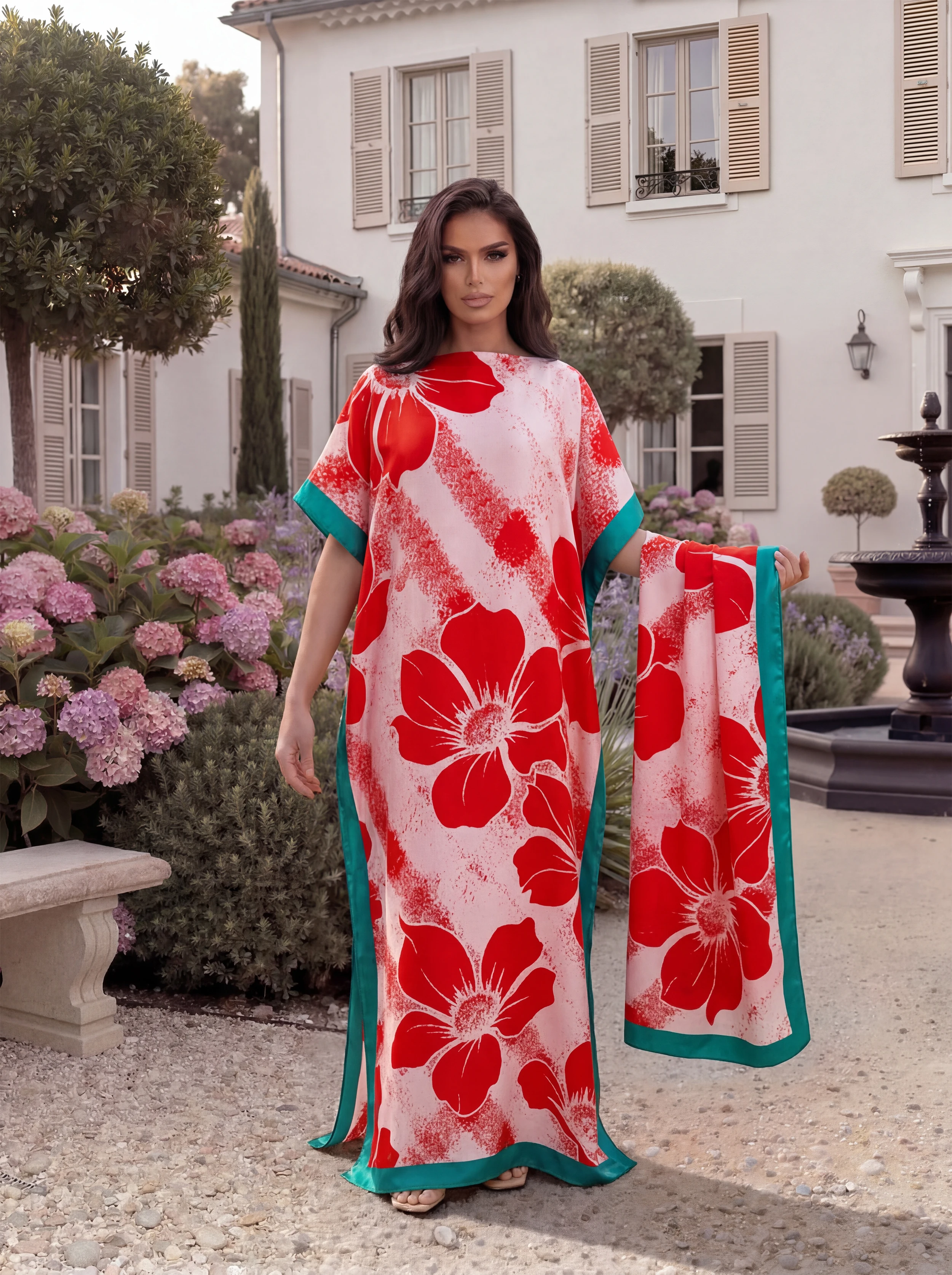 Boho Large Floral Print Satin Abaya Scarf Set, Loose Batwing Maxi Kaftan for Muslim Women Summer Beach Holiday Wear view 5
