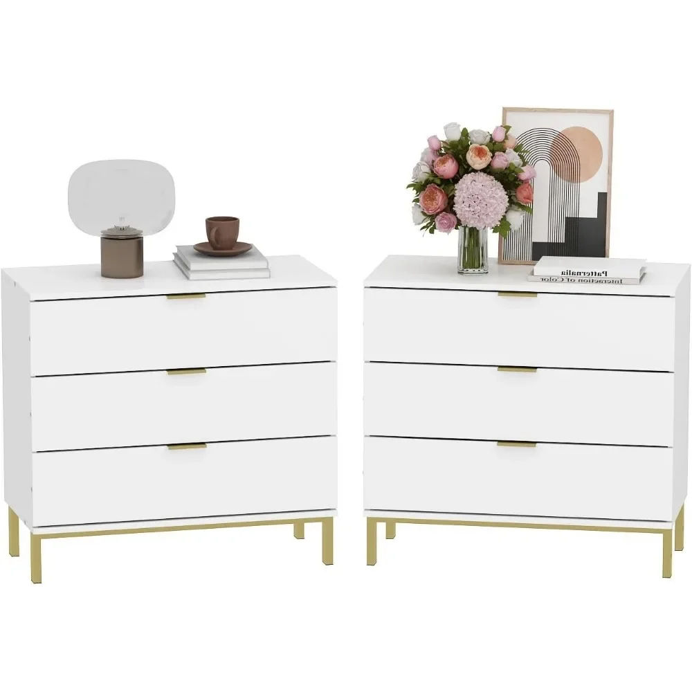 

White and Gold Nightstands Set of 2 - Stylish 3 Drawer Bedside Tables with Gold Metal Legs
