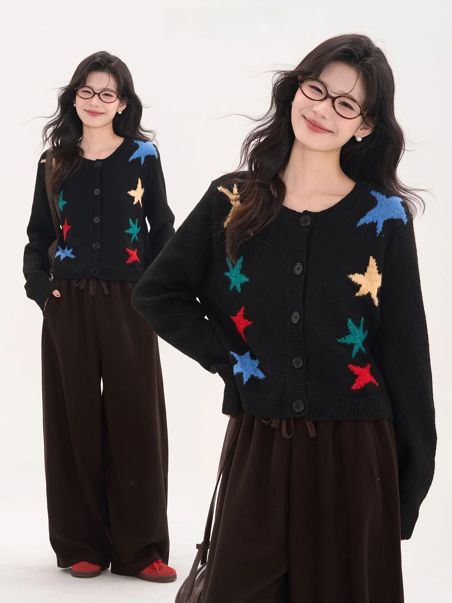 

Heme Winter Anti-Aging Star Embroidery round Neck Open Cardigan Sweater Women's Loose Fit Knitted Outerwear Commute Style