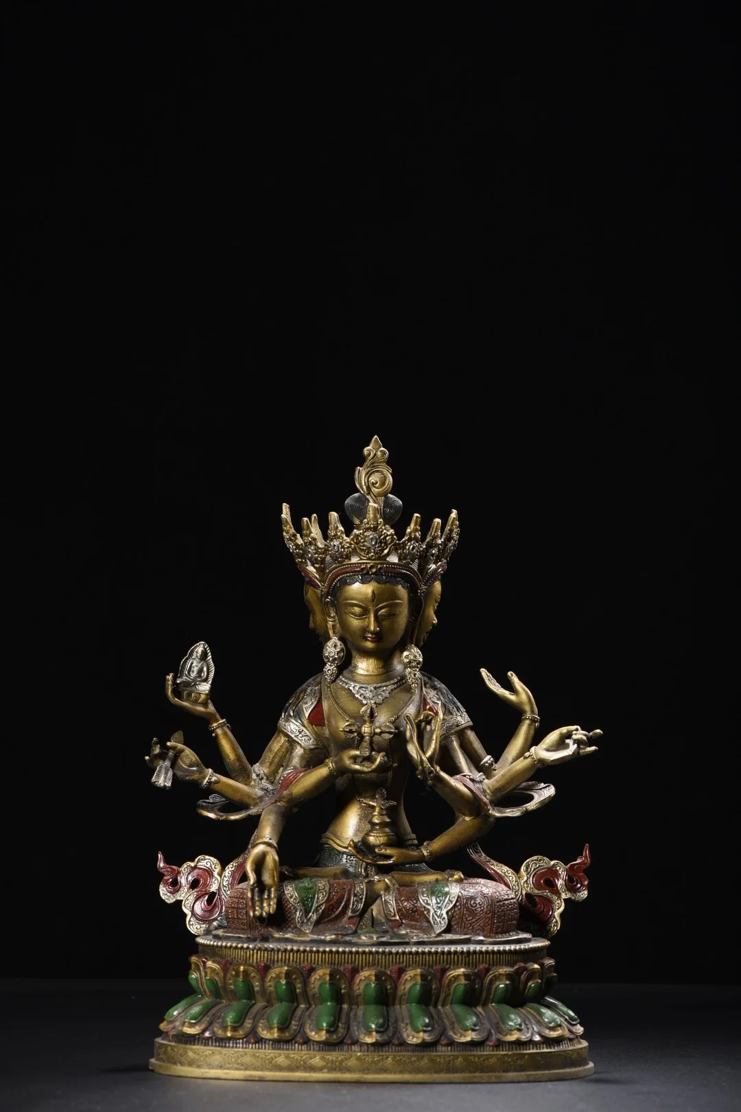 

11 "Непалский народный старый бронзовый окрашенный позолоченный высокий рельеф Намигиал Сидящий Будда Лотос Терраса Зал поклонения