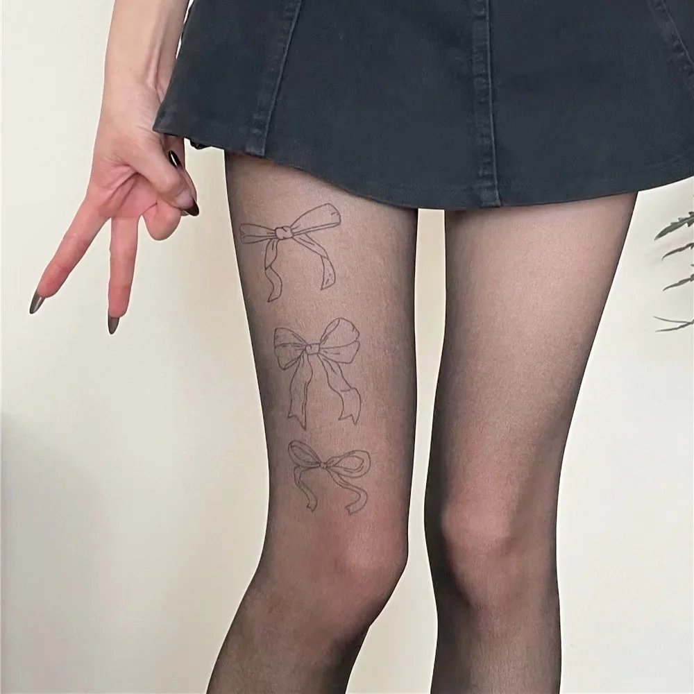 Y2K Lolita Bow Tie Printed Silk Stockings Tattood Print Pantyhose Hosiery Thin Summer Japanese Socks JK Cosplay Party Tights