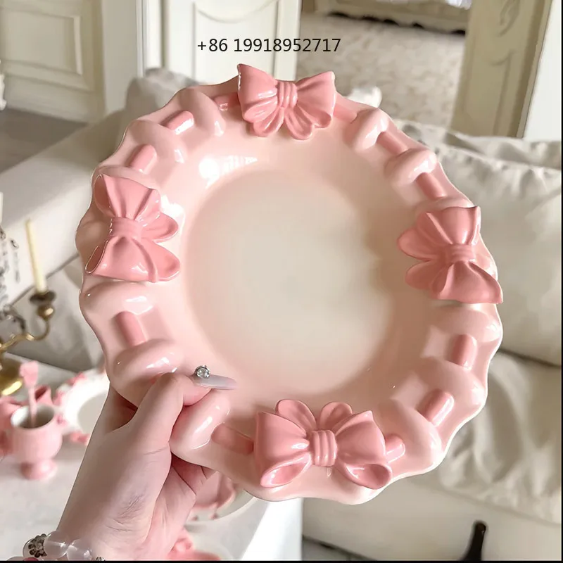 Luxury Bow Embossed Ceramic Serving Plate French Style Aesthetic Dessert Dish Kitchen Sculpted Dinnerware Elegant Gift for Women