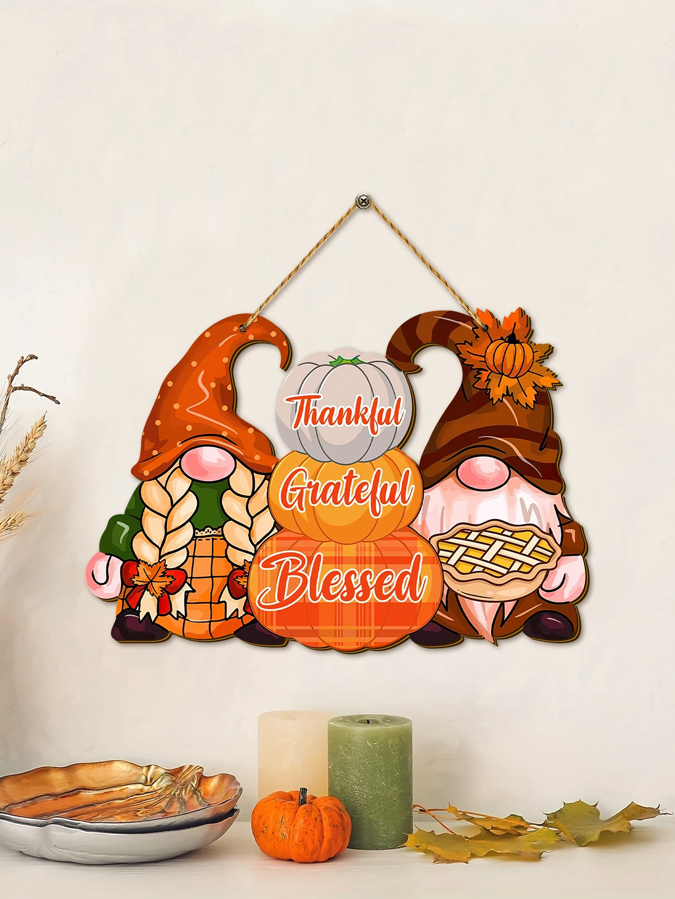 Thanksgiving Gnome Thankful Sign - Autumn Pumpkin Wood Hanging Decor For Farmhouse Porch, Thankful Blessed Decoration