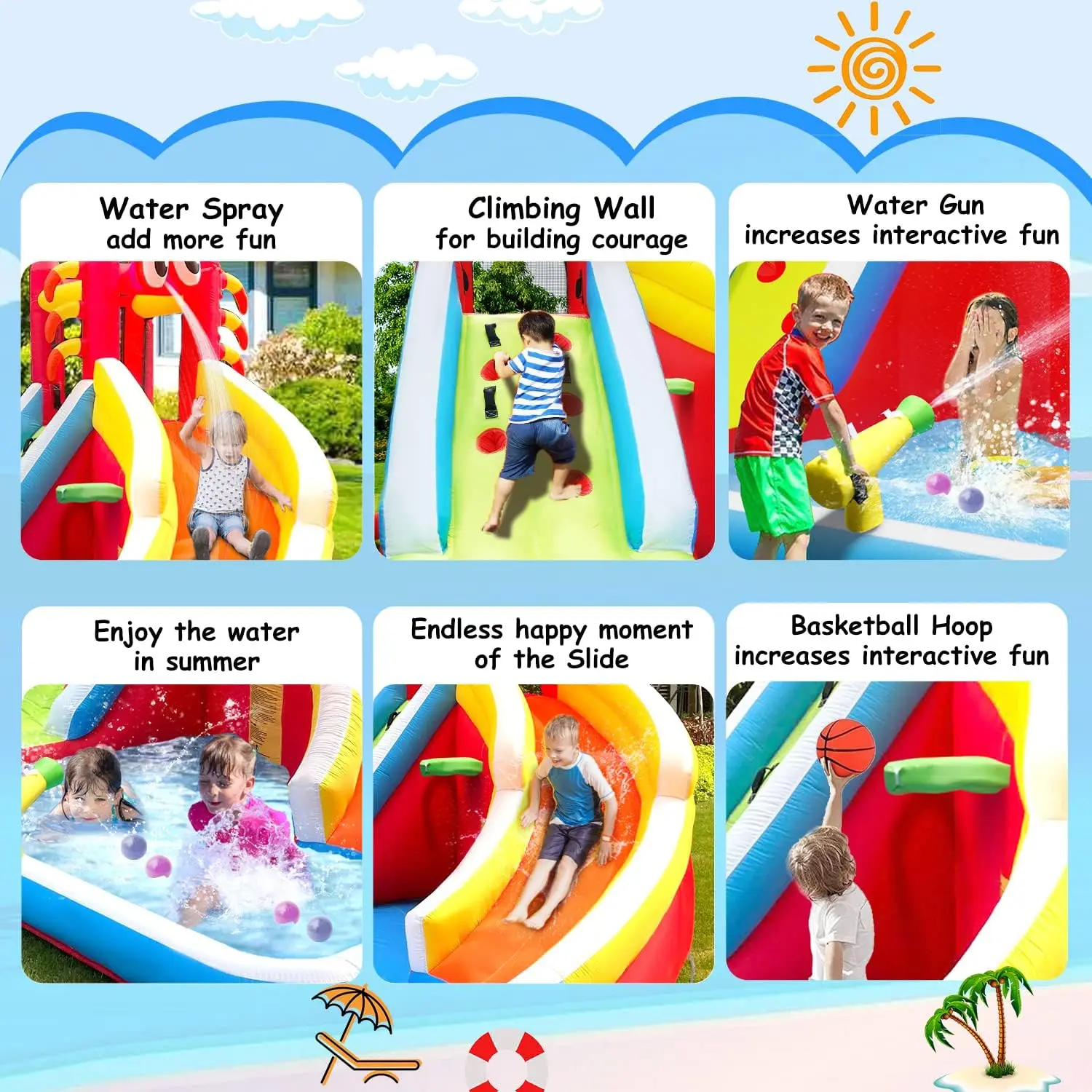 Large Inflatable Bounce House with Water Slide for Kids - Includes Splash Pool, Climbing Wall, Basketball Hoop & Water Gun for Indoor/Outdoor Backyard Parties - Comes with Air Blower, Repair Kit, Carrying Bag view 5