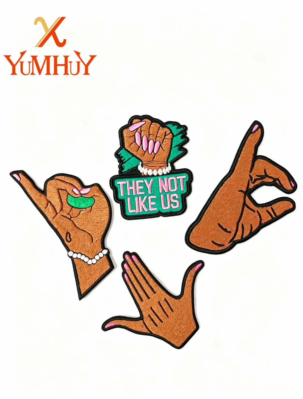 Hand Gesture Iron On Embroidery Patches Set Pearl Decor Applique Badges for Jacket Backpack DIY Clothing Decor