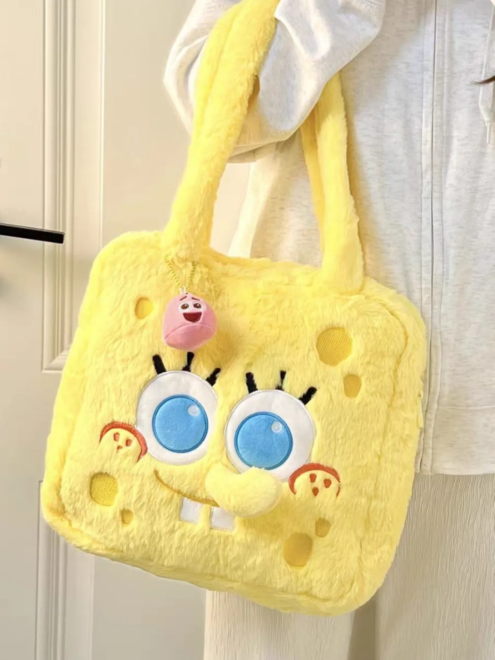 Pluche SpongeBob Schoudertas Grote Capaciteit Handheld Boodschappentas Leuke Anime Cartoon Studententas Meisje Verjaardagscadeaus Speelgoed