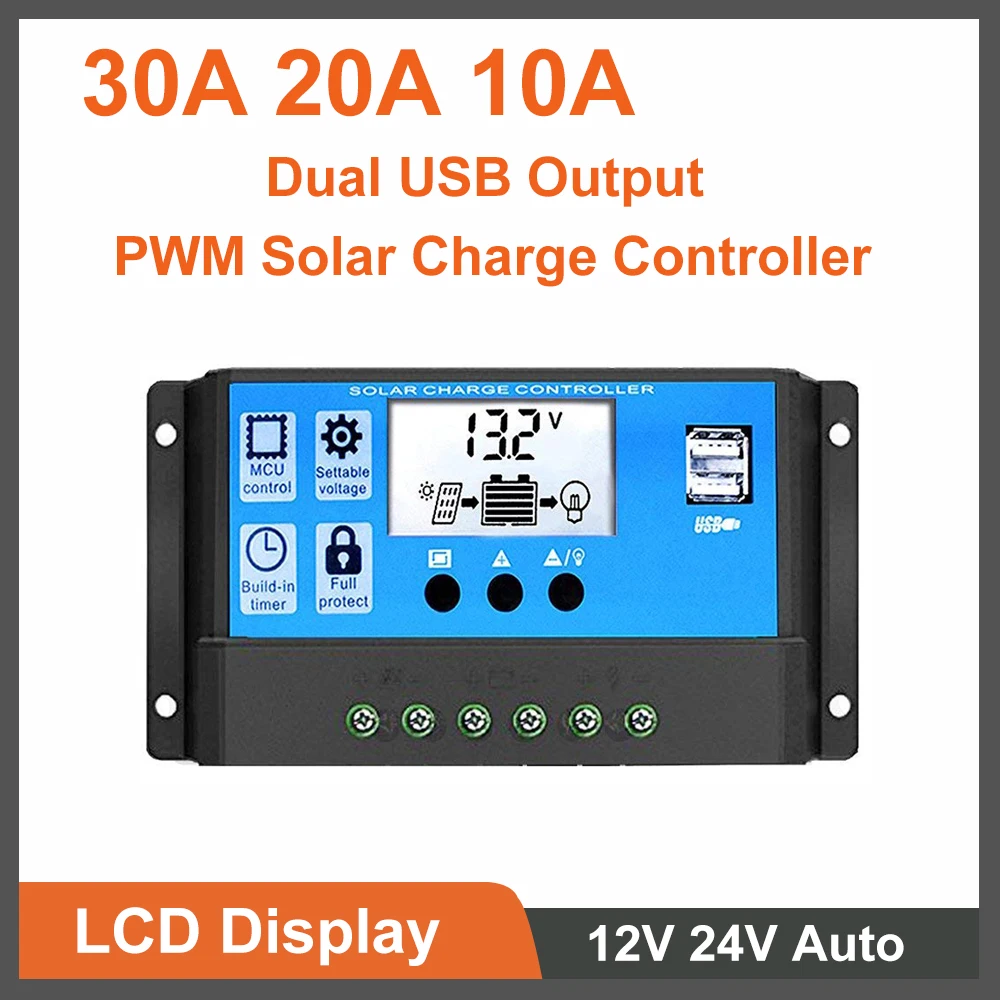 30A 20A 10A 12V 24V PWM Solar Charge Controller LCD Dual USB 5V Output Solar Panel PV Home and RV System Regulator Full Protect