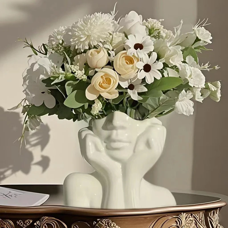 Creative Vinyl Record Shape Flower Vase Thinking Lady Statue Nordic Aesthetic Desktop Planter Living Room Bookcase Shelf Decor