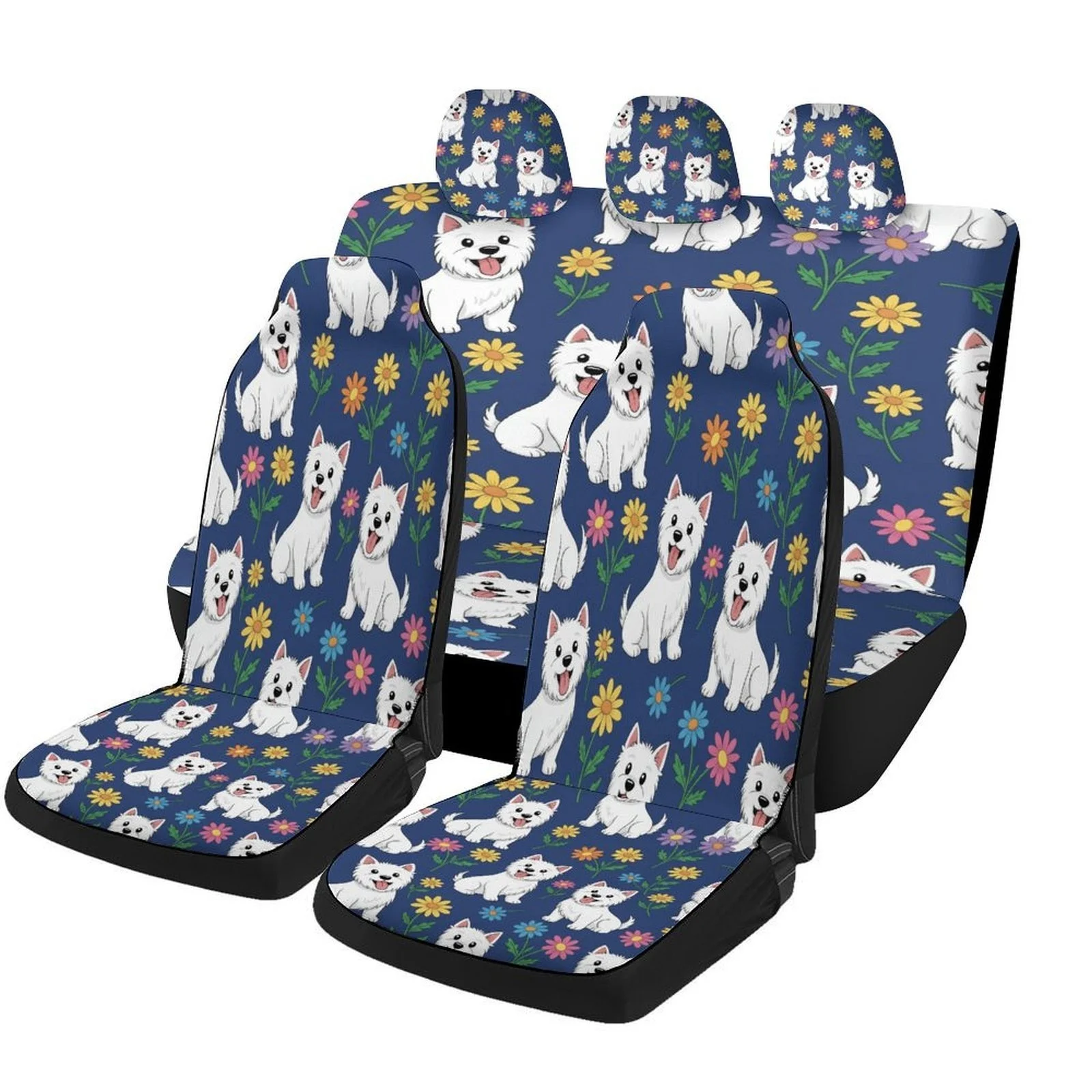 Westie Flowers Pattern Themed Car Seat Cover Set For Most Cars, Trendy High-quality Car Seat Protector Covers Full Set, Car Sea