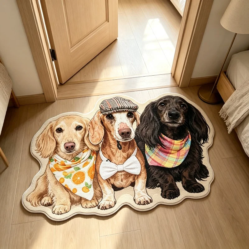 Cute Three Dogs Shaped Rug Creative Cartoon Entryway Doormat Cream Style Fluffy Decorative Bedroom Bedside Rug Washable