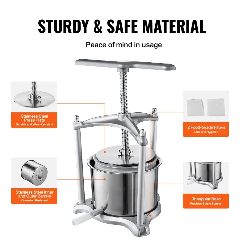 6L Manual Fruit Wine Press Maker Stainless Steel Household Nature Vegetables Juice Making Machine for Home Kitchen